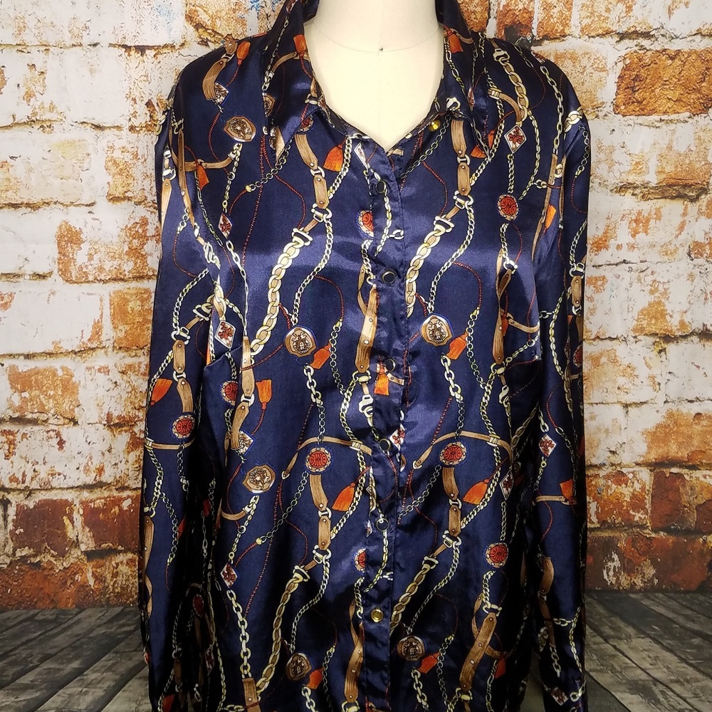 Chain and belt printed button-up shirt